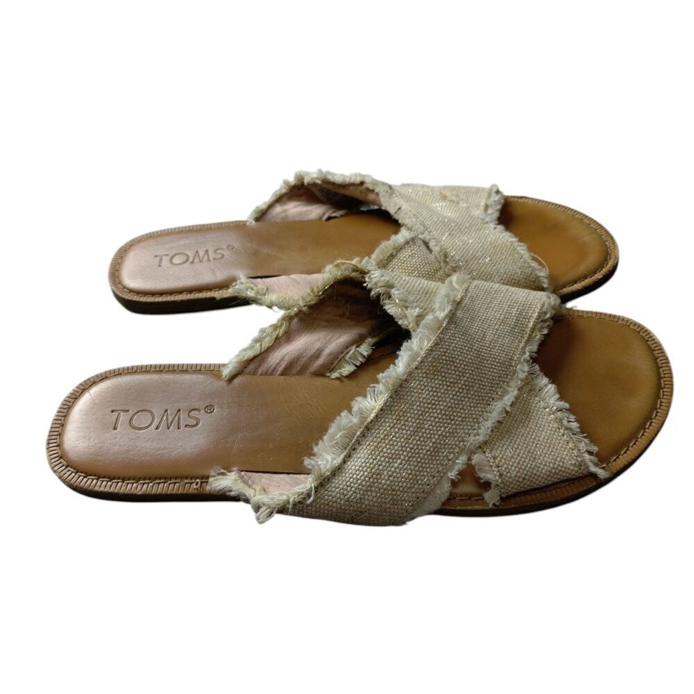 Toms Women's Size 7 Vim Pom Pom Slide Slip On 10011766 Beige Slip On Flat Sandal